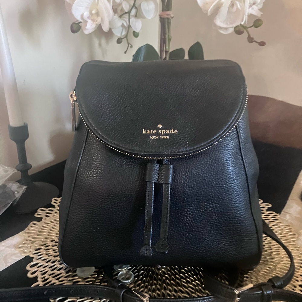 Kate Spade Black Leather  Leila medium flap backpack black
